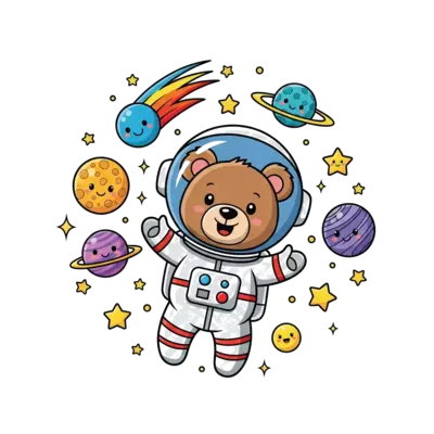 Design: A cheerful cartoon baby astronaut (could be a bear or a fox) floating in a vi...