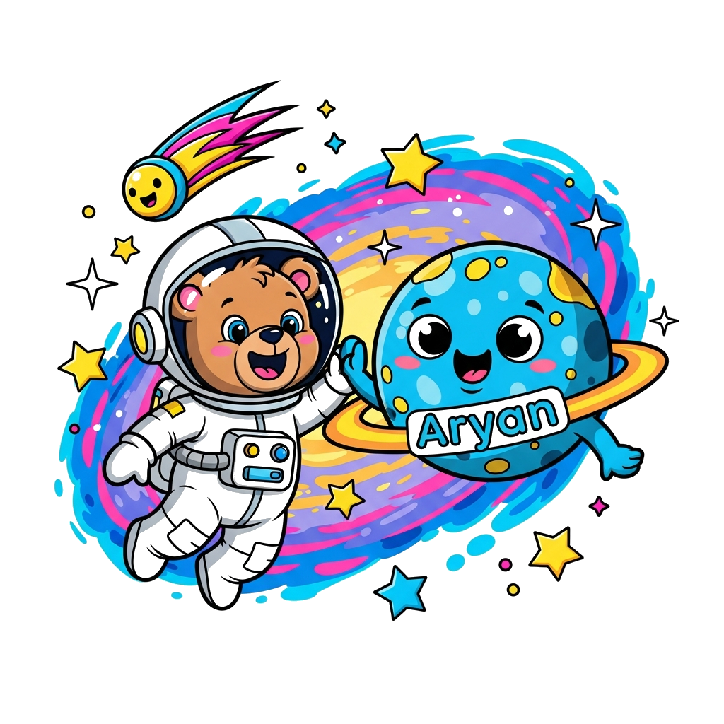 Custom design: A cheerful cartoon baby bear astronaut floating in a vibrant galaxy, high-fiving a friendly-faced, colorful planet th...
