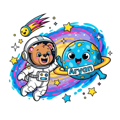 Design: A cheerful cartoon baby bear astronaut floating in a vibrant galaxy, high-fiv...