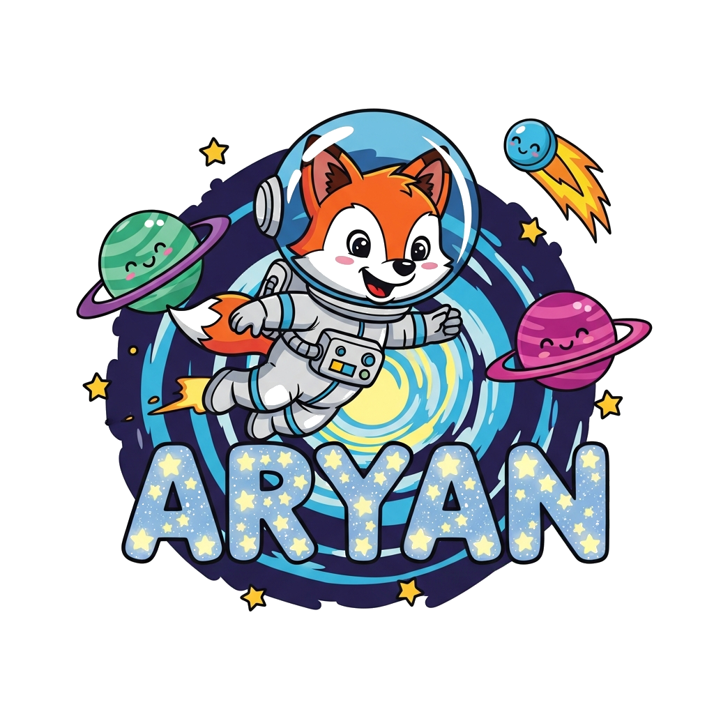 Custom design: A playful cartoon baby fox astronaut joyfully zooming through a vibrant galaxy, with the name 'Aryan' spelled out in ...