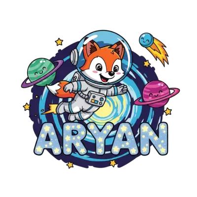 Design: A playful cartoon baby fox astronaut joyfully zooming through a vibrant galax...