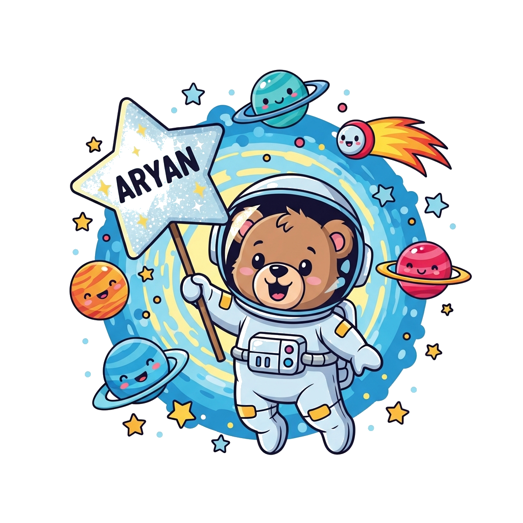 Custom design: A cute cartoon baby bear astronaut happily holding a shimmering, star-shaped banner with the name 'Aryan' boldly disp...