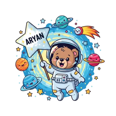 Design: A cute cartoon baby bear astronaut happily holding a shimmering, star-shaped ...