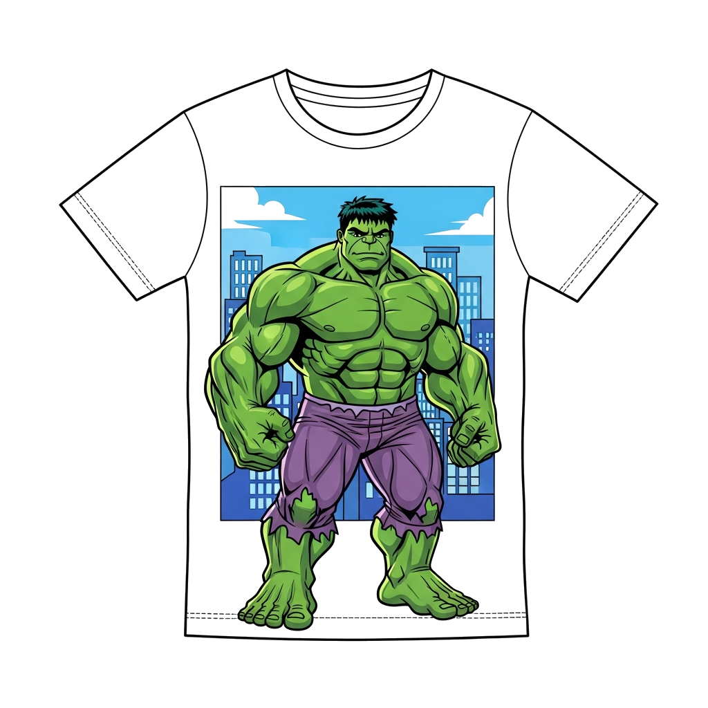 Custom design: A powerful but friendly Hulk illustration, standing tall with a gentle smile, muscles defined but not aggressive, vib...
