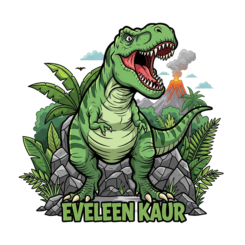 Custom design: A powerful T-Rex roaring in a prehistoric jungle, with lush green foliage and a volcano in the background, text 'Evel...