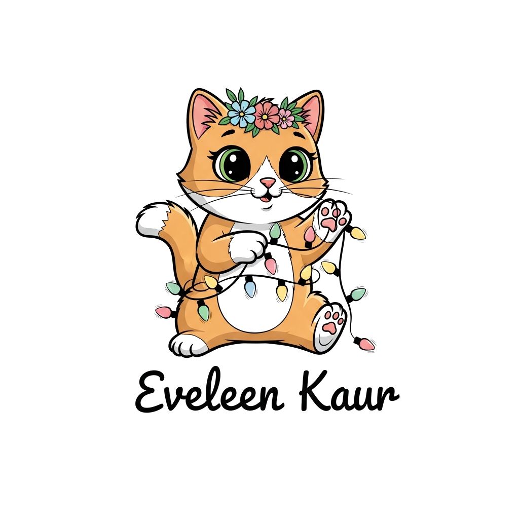 Custom design: A charming cartoon cat with big expressive eyes, wearing a tiny flower crown, playfully batting at a string of colorf...