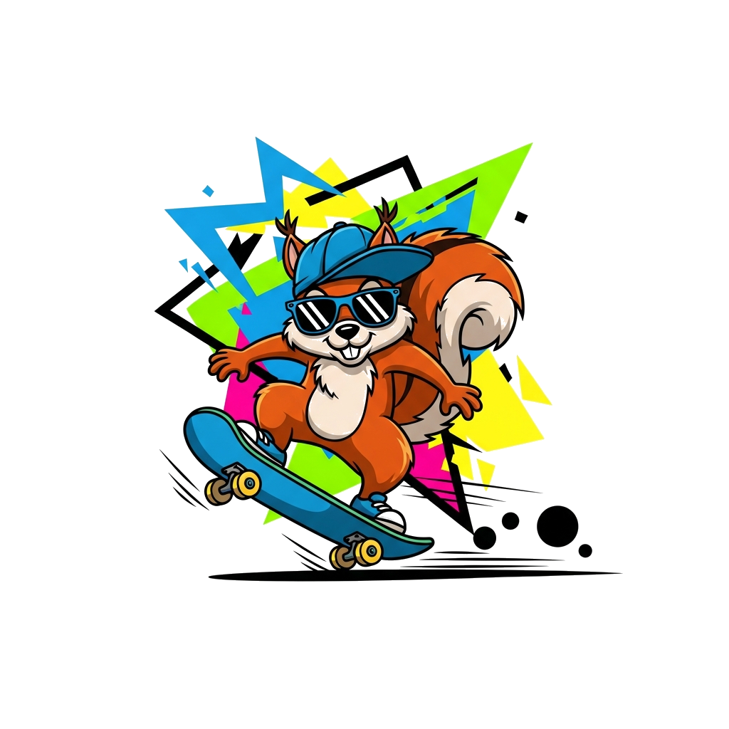 Custom design: A bold and cool cartoon squirrel wearing a backward cap and sunglasses, riding a skateboard with dynamic energy. The ...