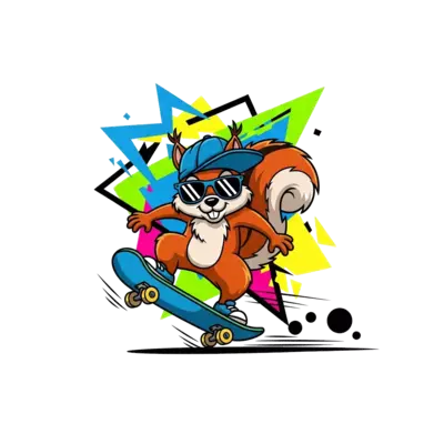 Design: A bold and cool cartoon squirrel wearing a backward cap and sunglasses, ridin...