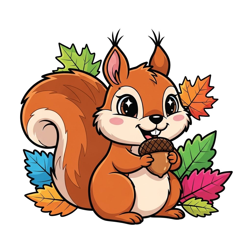 Custom design: A super cute cartoon squirrel with big, sparkling eyes, happily munching on an acorn, surrounded by colorful autumn l...