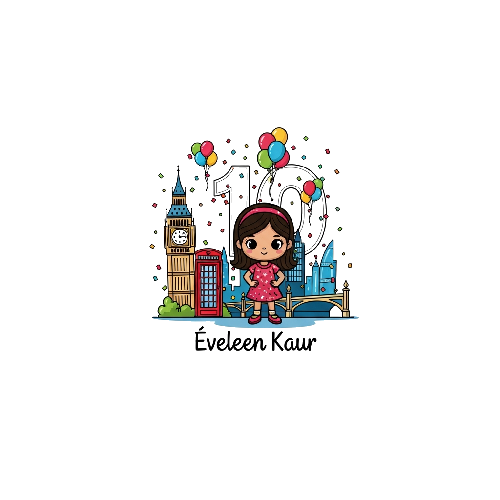 Custom design: A whimsical illustration of a cute, stylized cartoon girl named Eveleen Kaur, standing proudly next to iconic London ...