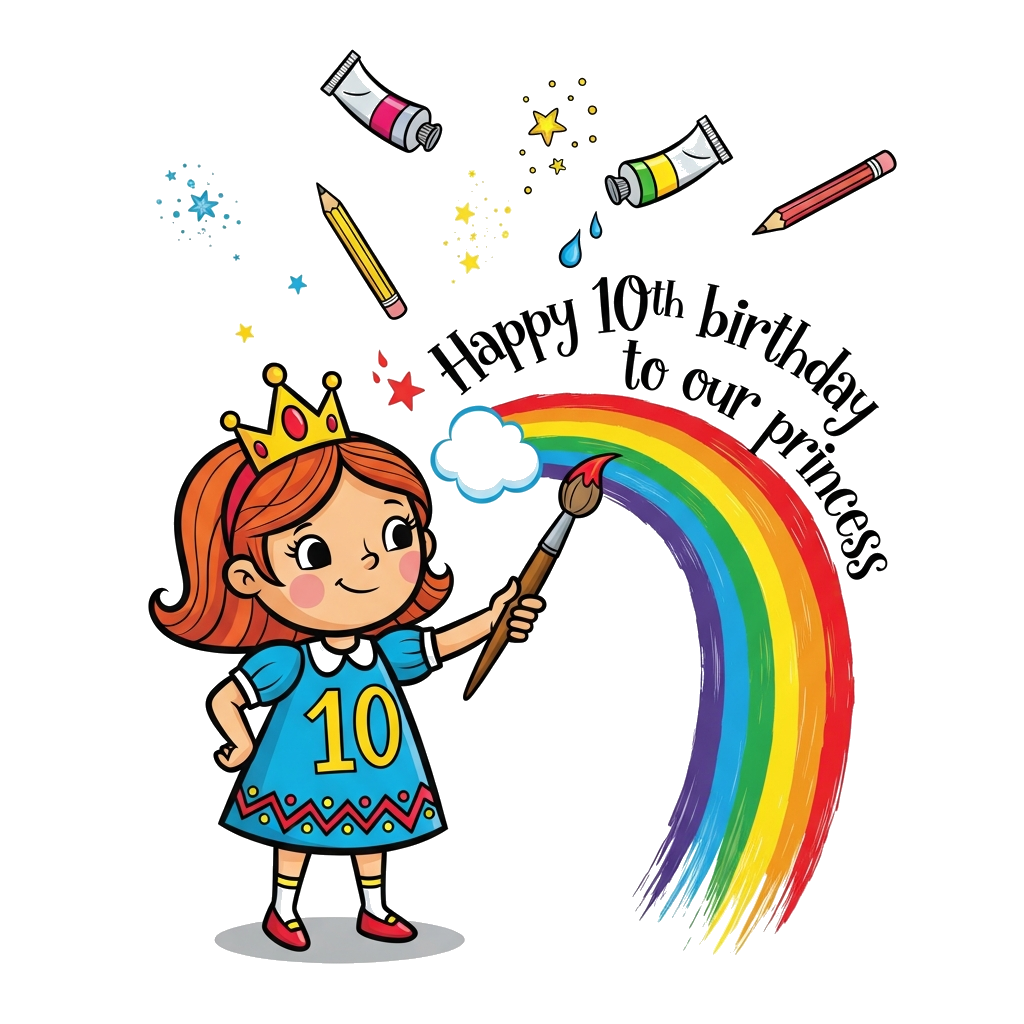 Custom design: A whimsical illustration of a happy princess, aged 10, holding a paintbrush and painting a vibrant rainbow, surrounde...