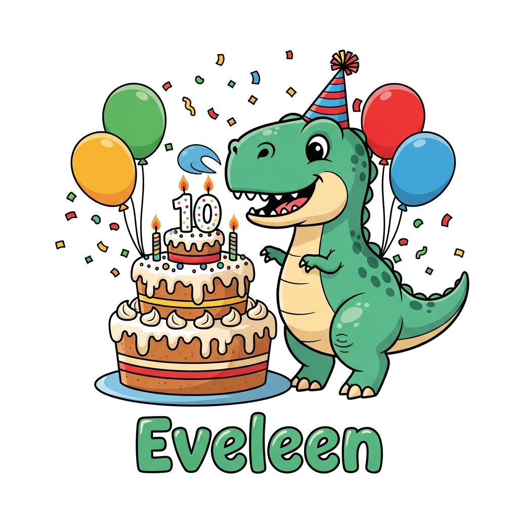 Custom design: A super cute cartoon T-Rex wearing a party hat, playfully blowing out 10 candles on a giant birthday cake, surrounded...
