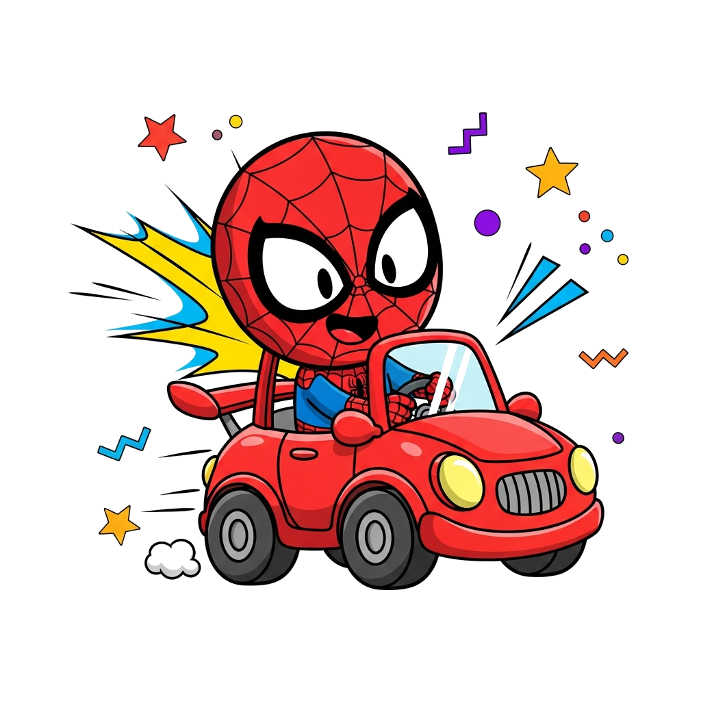 Custom design: A cheerful, cartoon Spiderman character driving a bright red, playful car, with comic book-style action lines and col...
