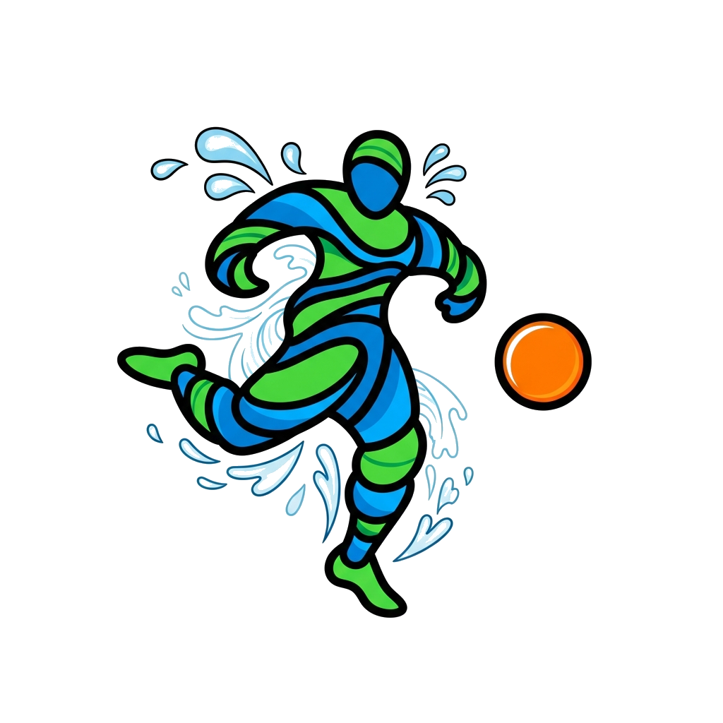 Custom design: An abstract and playful illustration featuring dynamic shapes and lines representing a football player kicking a ball...