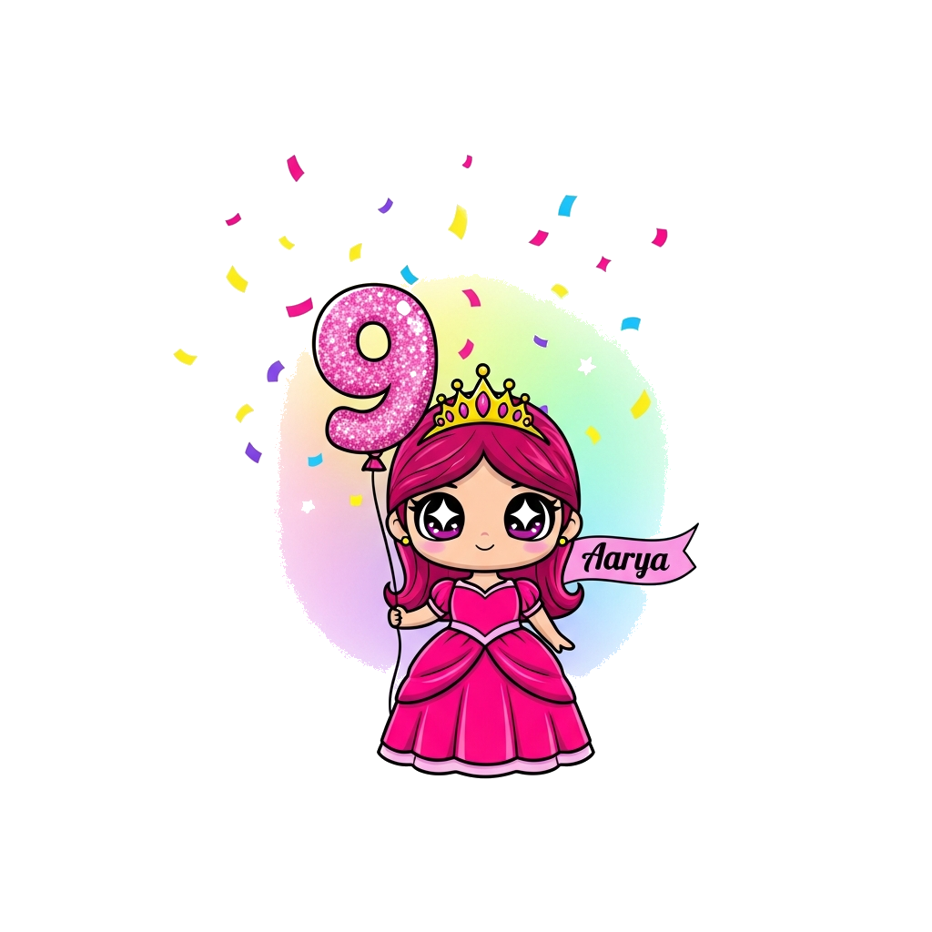 Custom design: A super cute, chibi-style cartoon princess with big sparkling eyes, wearing a pink gown and a tiny golden crown. She ...