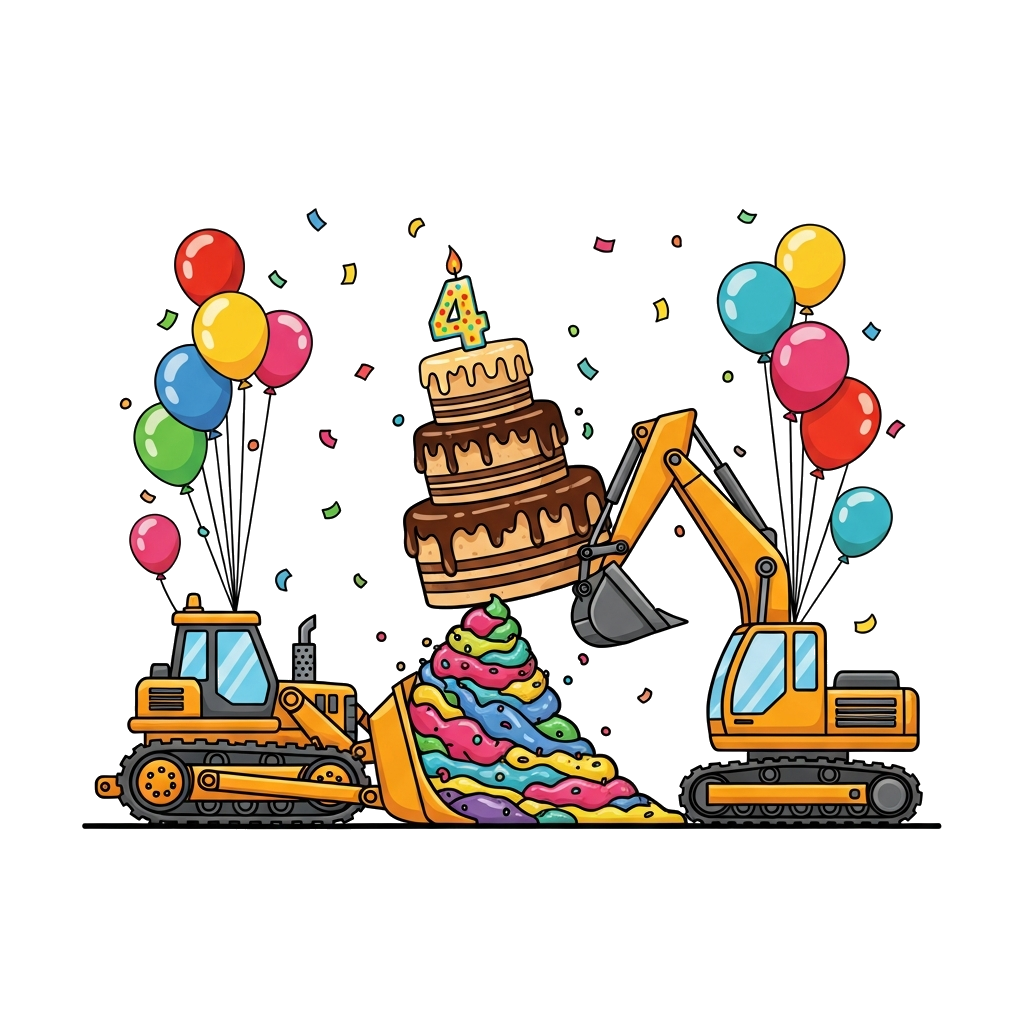 Custom design: A cheerful cartoon bulldozer and excavator building a giant birthday cake with the number 4 on top, surrounded by col...