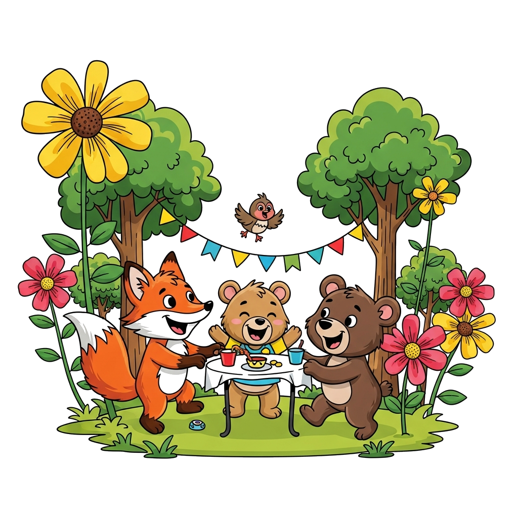 Custom design: A joyful cartoon illustration of a group of friendly forest animals (like a cheerful fox, a playful bear cub, and a t...