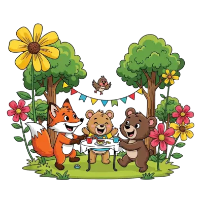 Design: A joyful cartoon illustration of a group of friendly forest animals (like a c...