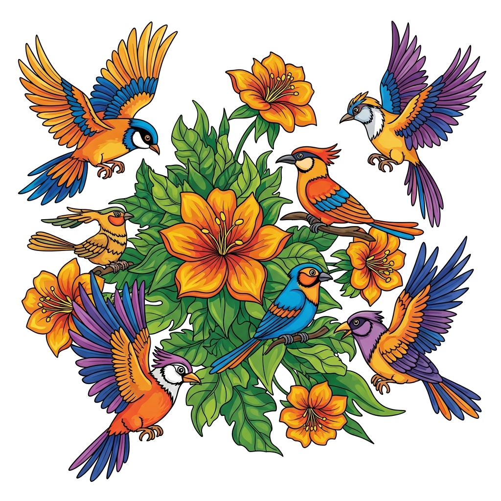 Custom design: A dynamic and super colorful scene depicting various exotic cartoon birds with brilliant feathers soaring and perched...