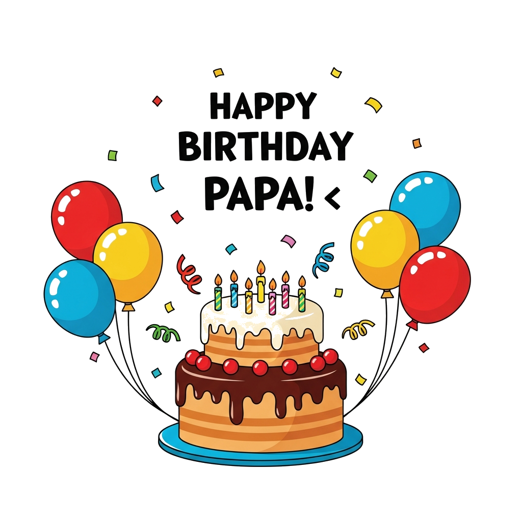 Custom design: A vibrant and playful illustration featuring a cheerful birthday cake with lit candles, surrounded by colorful balloo...