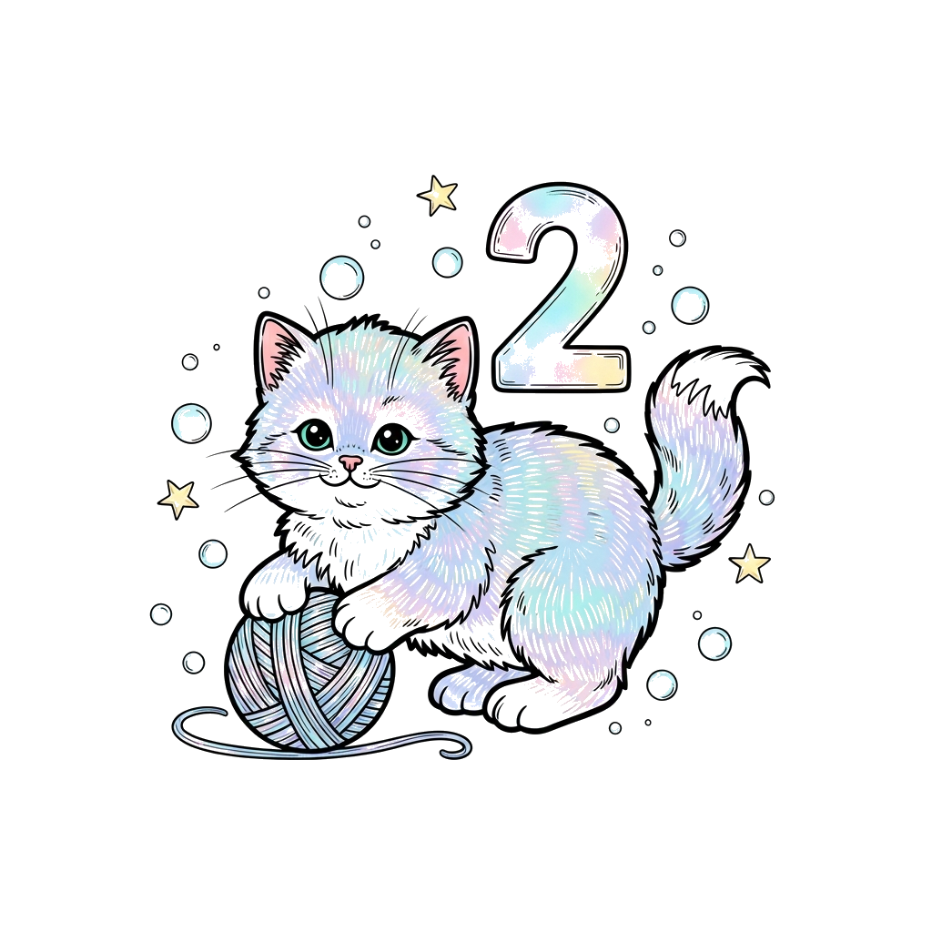 Custom design: A whimsical illustration of a fluffy, pastel-colored kitten playing with a soft yarn ball, with the number '2' subtly...