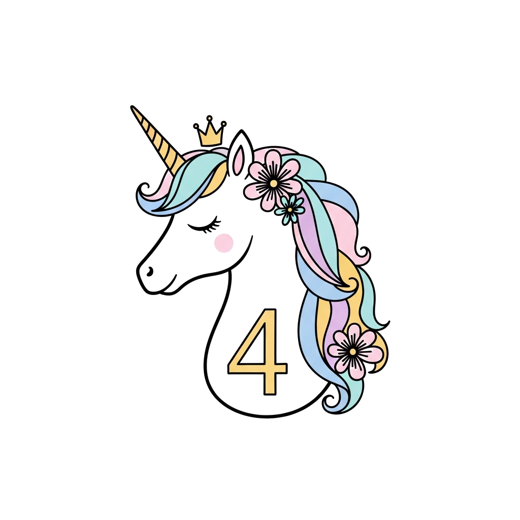 Custom design: An elegant, minimalist illustration of a graceful unicorn with a soft floral mane, a tiny crown, and a subtle number ...