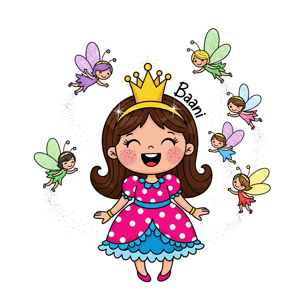 Custom design: A cute cartoon princess with a sparkling crown and a happy smile, surrounded by adorable tiny fairies fluttering with...