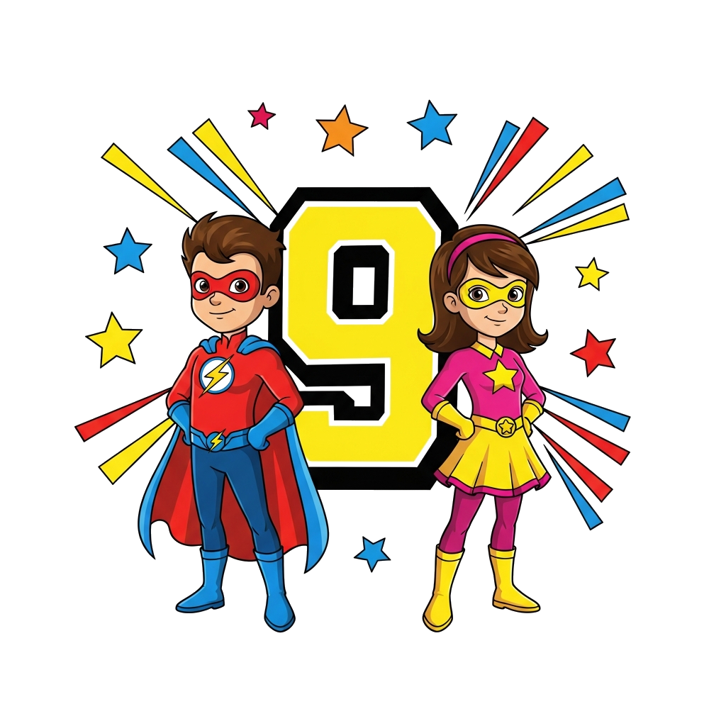 Custom design: A vibrant cartoon illustration of a superhero boy (representing Skand) and a superhero girl, standing back-to-back wi...