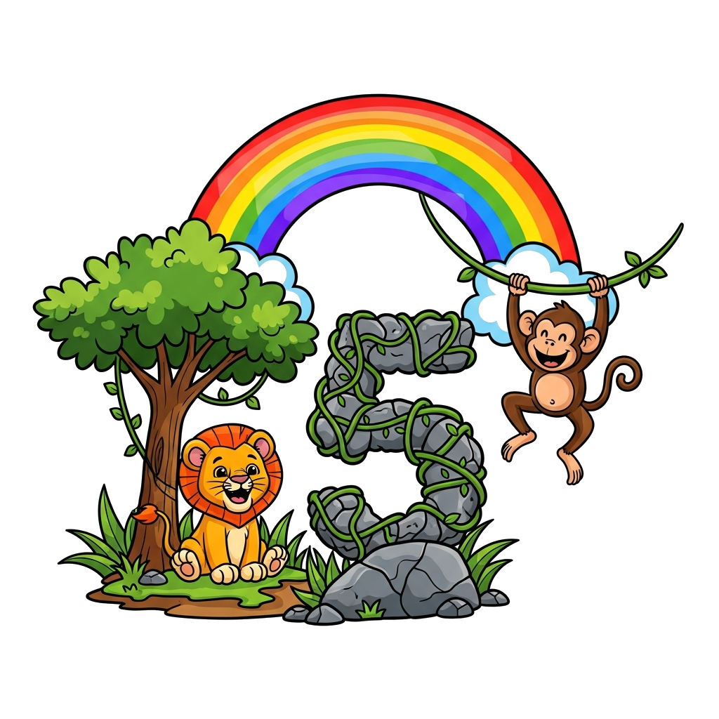 Custom design: A vibrant and colorful illustration for Ali (5), featuring a playful jungle scene with cute cartoon animals like a li...