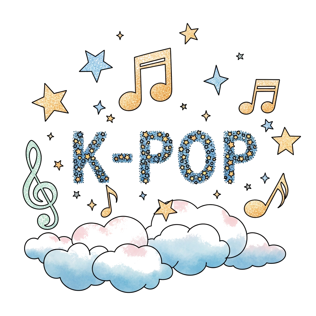 Custom design: A whimsical, dreamy scene with floating musical notes, glittery stars, and soft pastel clouds, with the text 'K-POP' ...