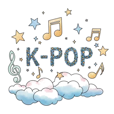 Design: A whimsical, dreamy scene with floating musical notes, glittery stars, and so...