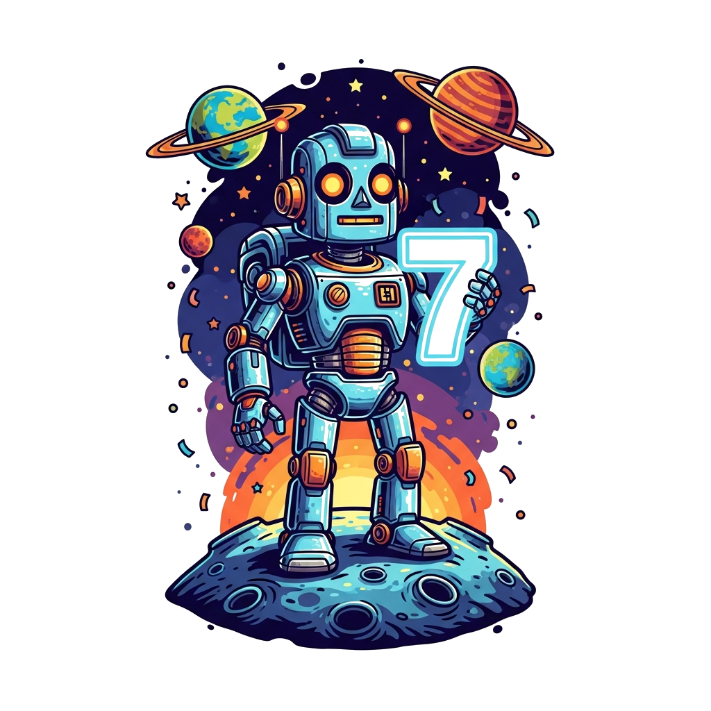 Custom design: A highly detailed, friendly metallic robot standing on a stylized lunar surface, holding a glowing number '7'. Around...
