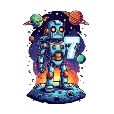 Design: A highly detailed, friendly metallic robot standing on a stylized lunar surfa...