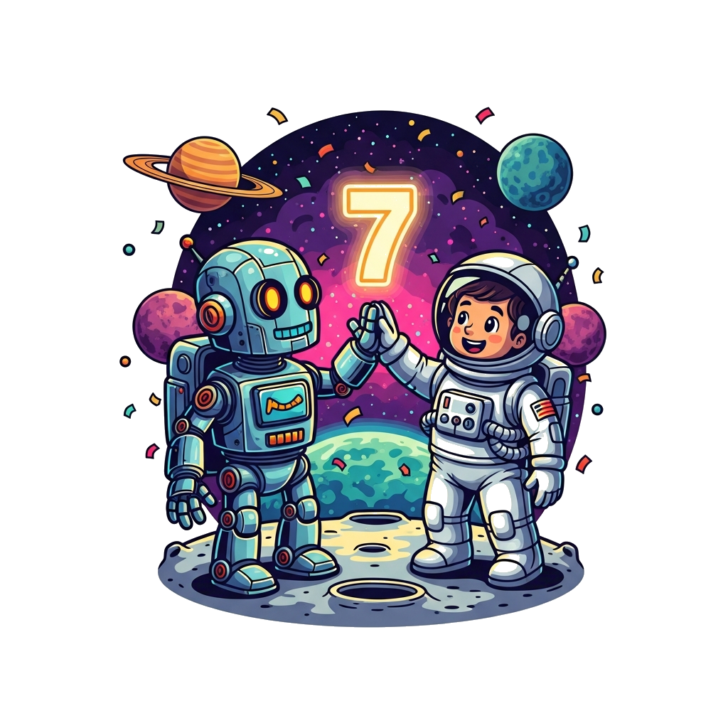 Custom design: A highly detailed, friendly metallic robot and a cheerful cartoon astronaut high-fiving on a stylized lunar surface, ...