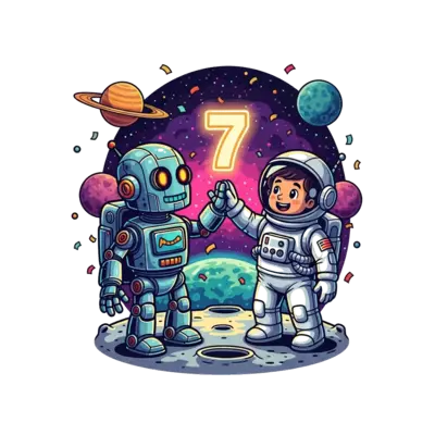 Design: A highly detailed, friendly metallic robot and a cheerful cartoon astronaut h...