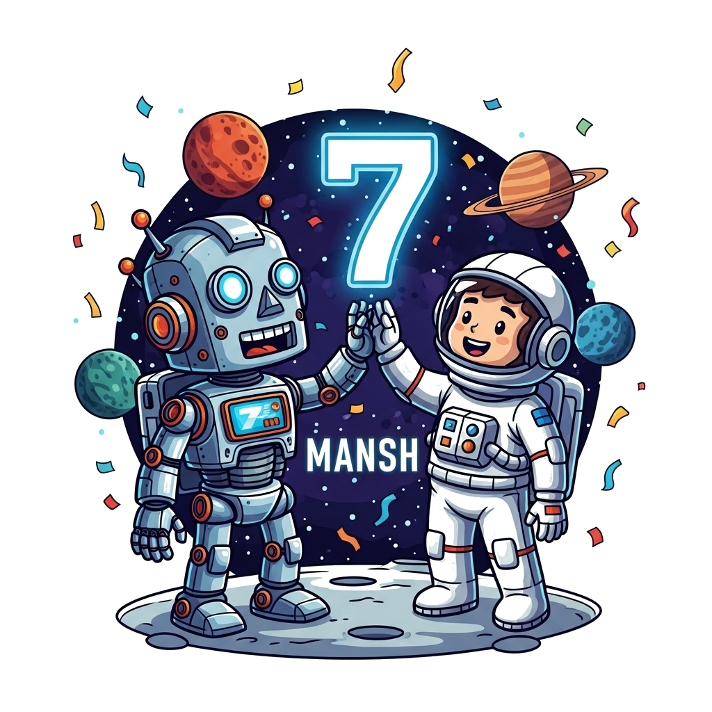 Custom design: A highly detailed, friendly metallic robot and a cheerful cartoon astronaut high-fiving on a stylized lunar surface, ...