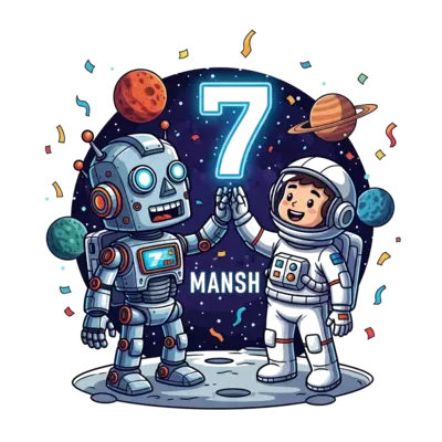 Design: A highly detailed, friendly metallic robot and a cheerful cartoon astronaut h...