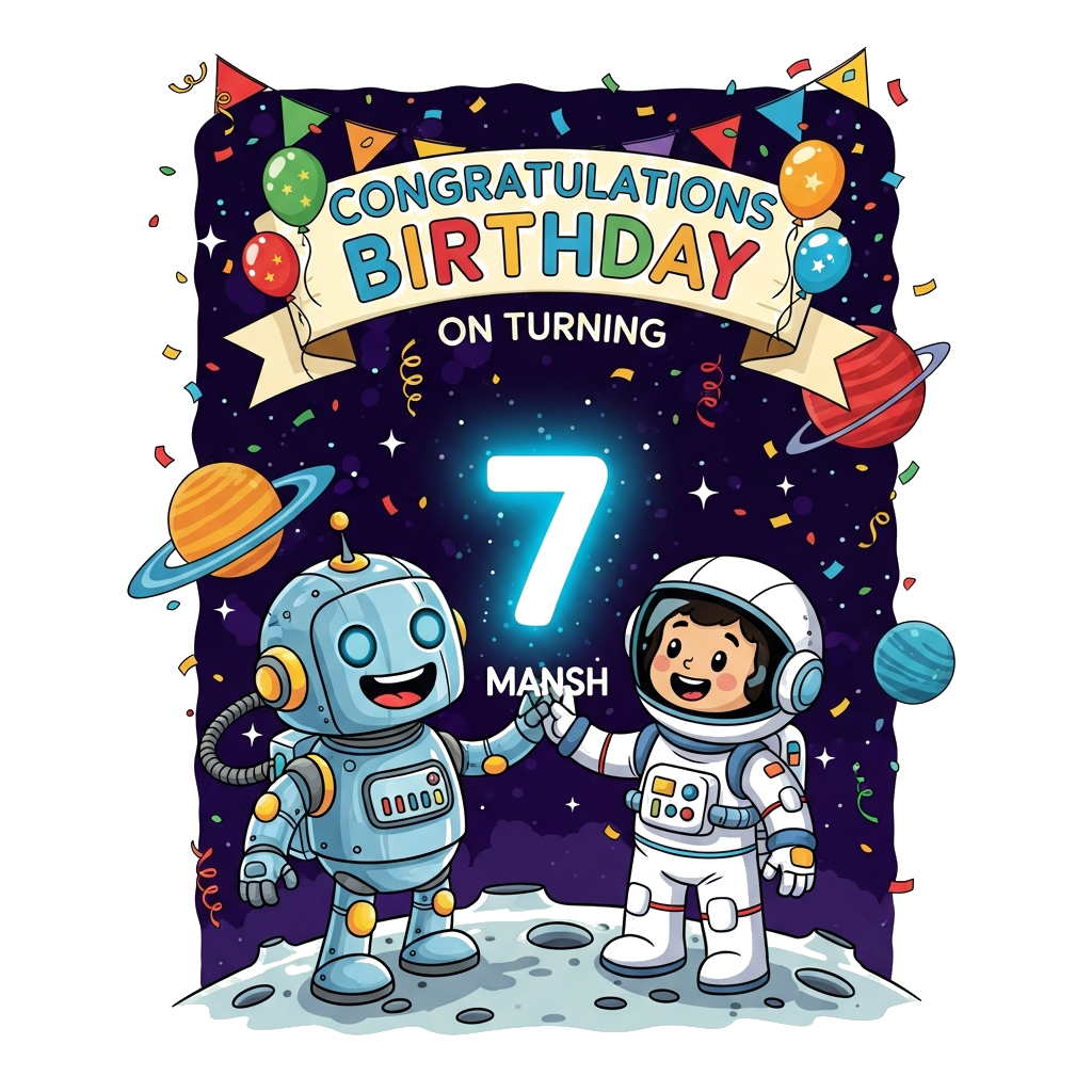 Custom design: A vibrant and festive illustration featuring a friendly, rounded metallic robot with glowing eyes and a wide smile, h...