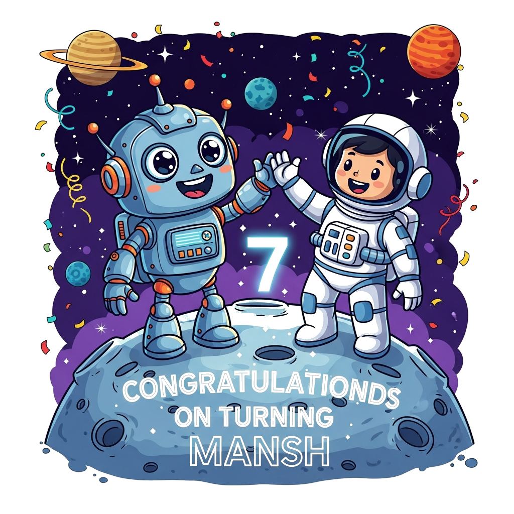 Custom design: An imaginative and detailed scene with a super friendly, rounded metallic robot with big, expressive, glowing eyes an...
