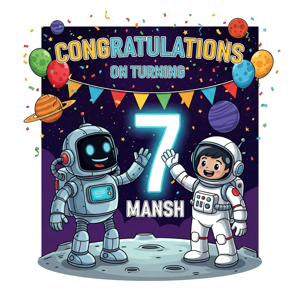 Custom design: A vibrant and festive illustration featuring a friendly, rounded metallic robot with glowing eyes and a wide smile, h...