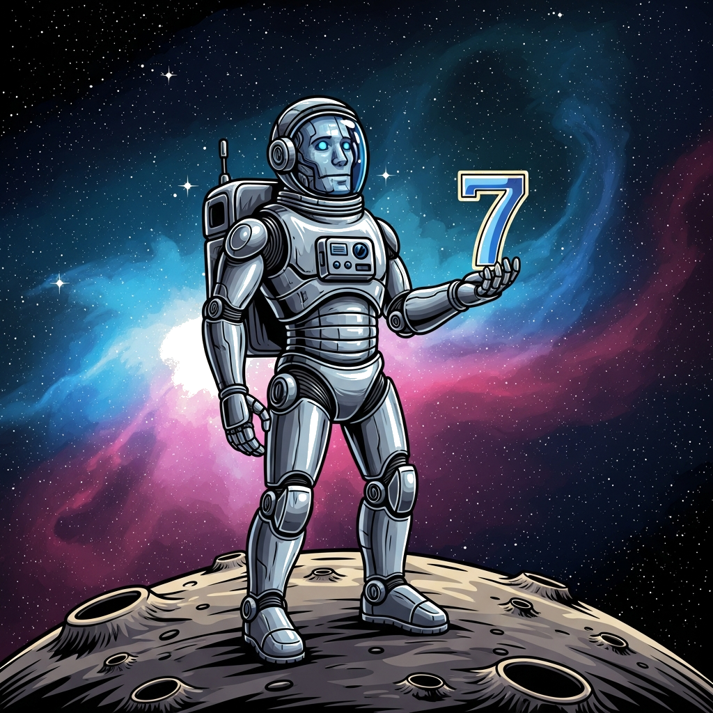 Custom design: A highly detailed, realistic art illustration of a friendly humanoid robot astronaut standing on a rocky alien planet...