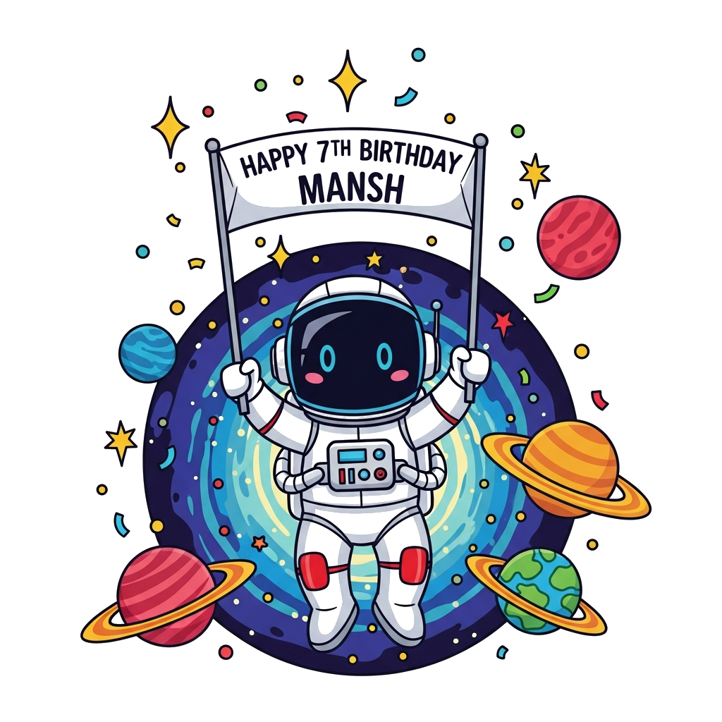 Custom design: A cute cartoon robot astronaut floating in a vibrant galaxy, holding a banner that says 'Happy 7th Birthday Mansh'. S...