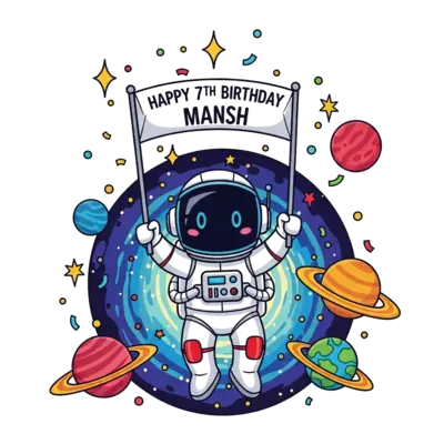 Design: A cute cartoon robot astronaut floating in a vibrant galaxy, holding a banner...