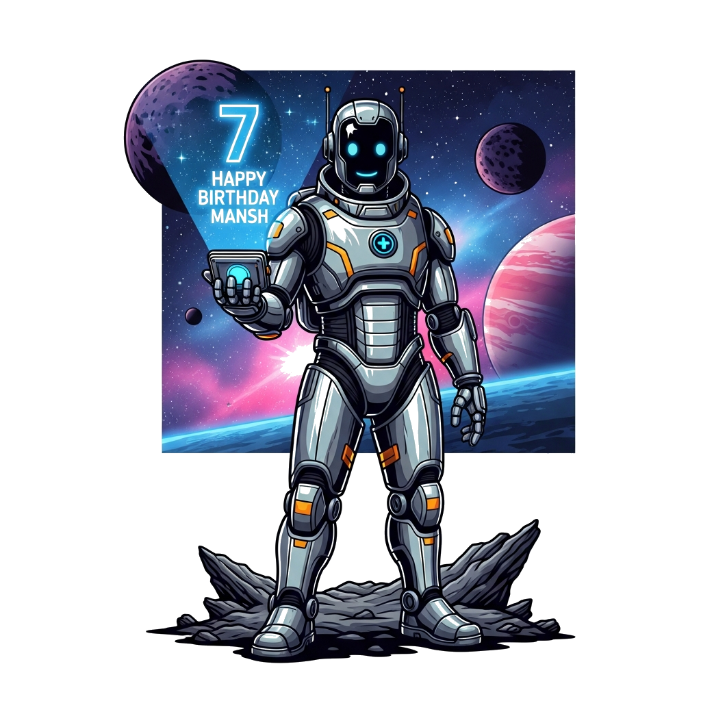 Custom design: A highly detailed and realistic illustration of a friendly, advanced robot explorer in a sleek, metallic suit, standi...