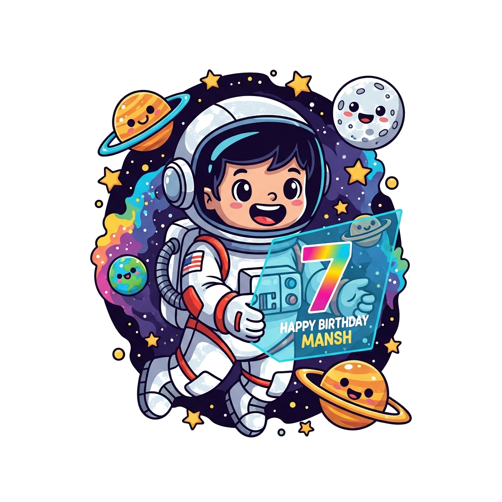 Custom design: A whimsical cartoon illustration of a happy child astronaut floating in space, surrounded by friendly, glowing planet...