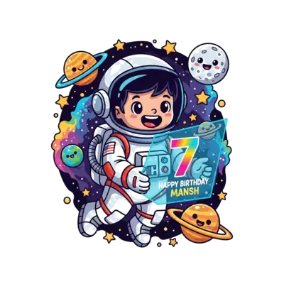 Design: A whimsical cartoon illustration of a happy child astronaut floating in space...
