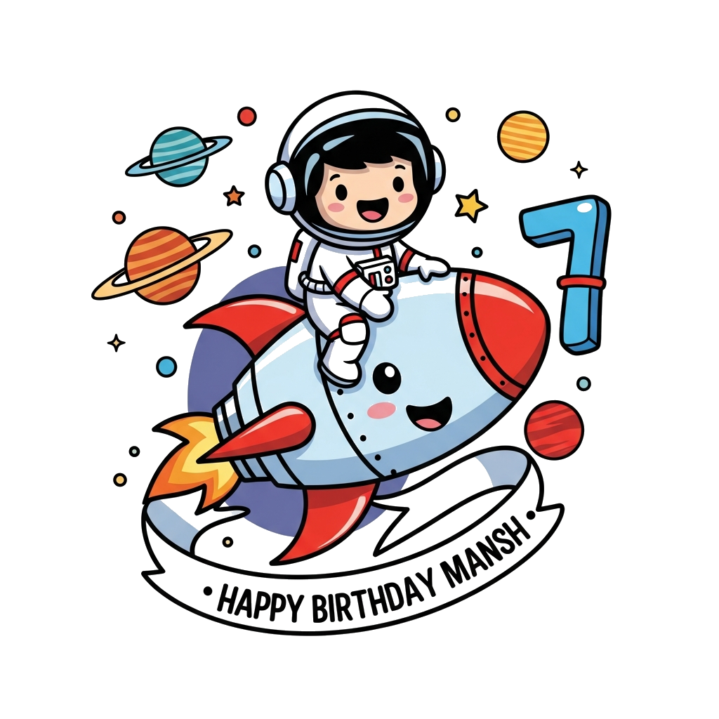 Custom design: A dynamic illustration featuring a cute, chibi-style astronaut riding on the back of a friendly, cartoon rocket ship ...