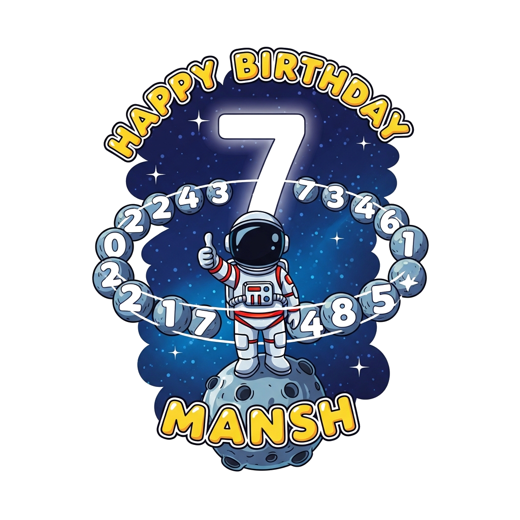 Custom design: An imaginative illustration of a child astronaut giving a thumbs-up while standing on a small, moon-like asteroid. Ar...