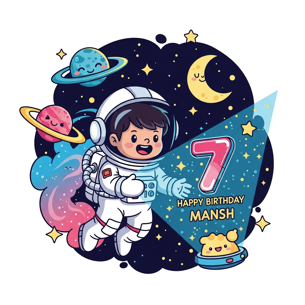 Custom design: A whimsical cartoon illustration of a happy child astronaut floating in space, surrounded by friendly, glowing planet...