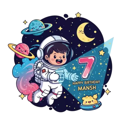 Design: A whimsical cartoon illustration of a happy child astronaut floating in space...